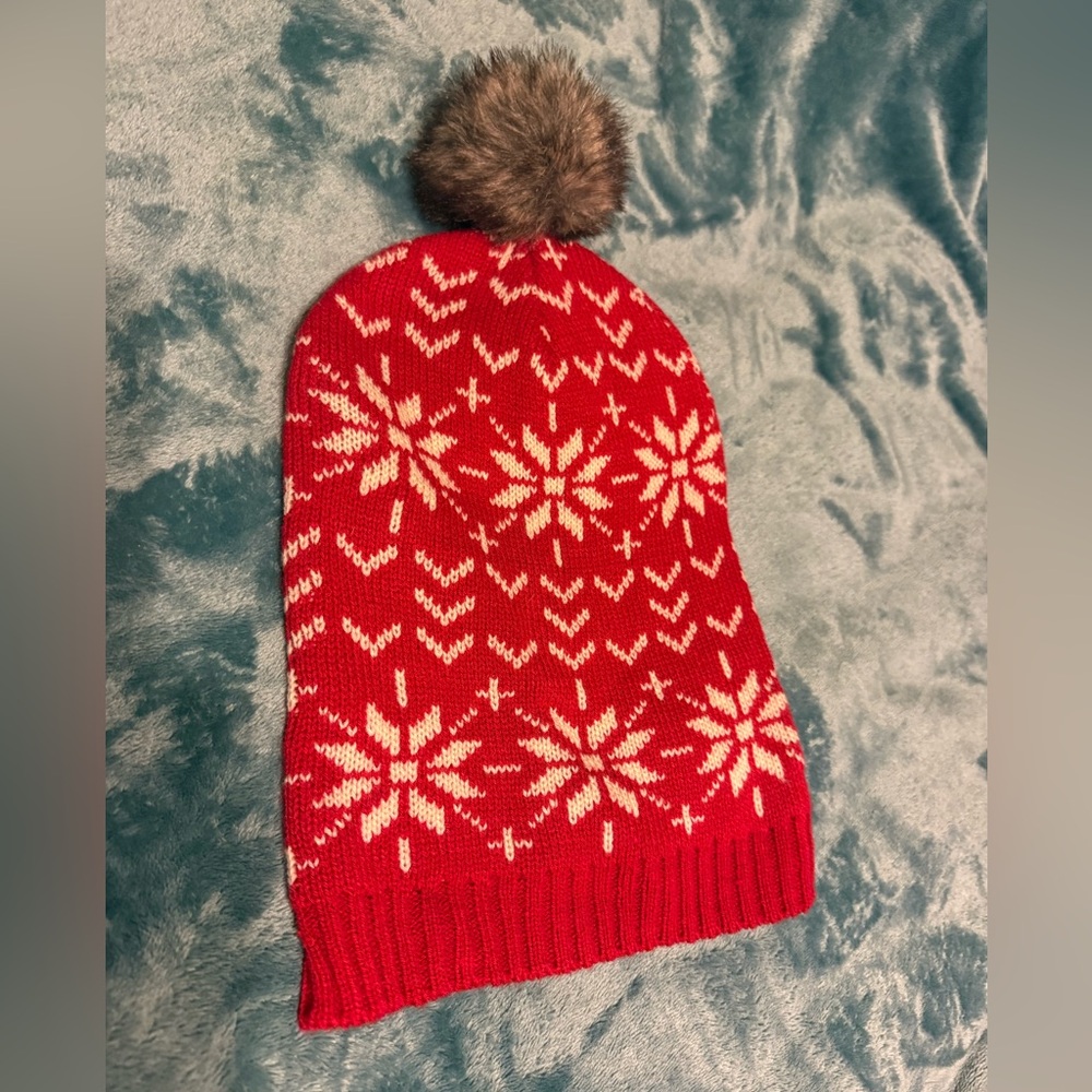 Red and White Snowflake Knit Beanie with Faux Fur Pom Pom